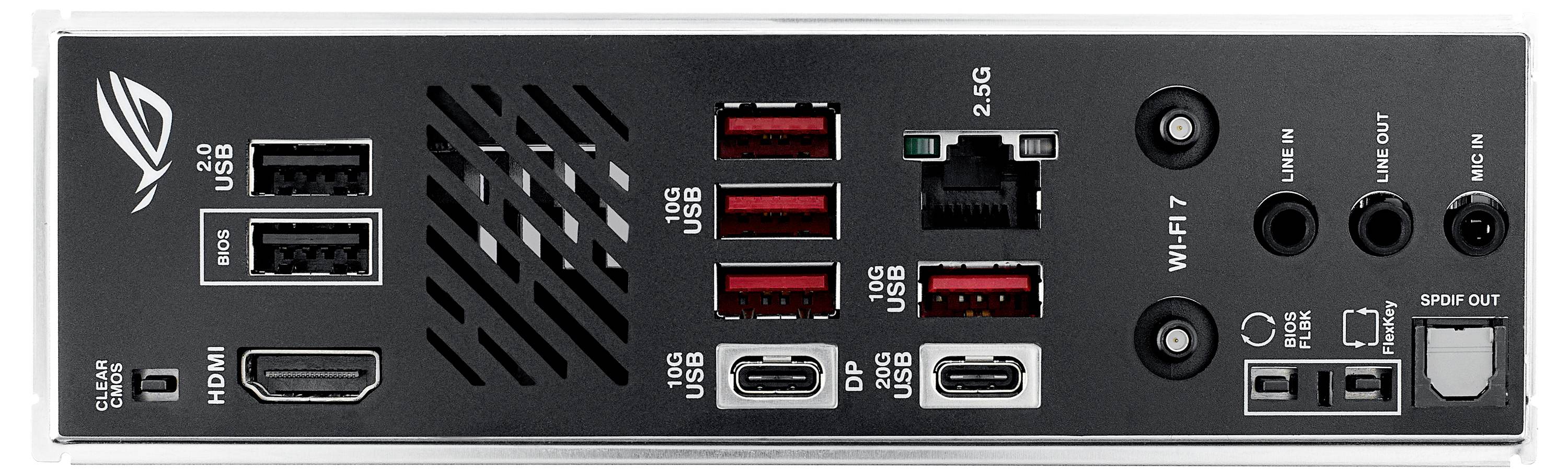 Zadní strana počítačové základní desky s USB, HDMI a ethernetovými konektory, dále s audio vstupy, větracími otvory a síťovými porty.