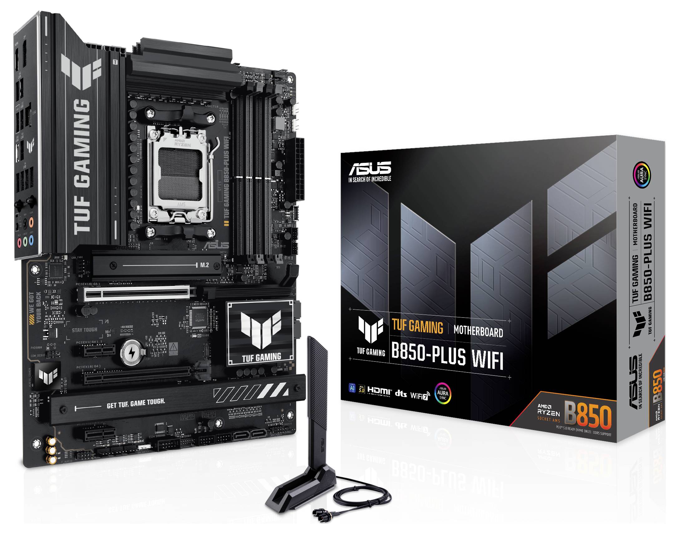 Základní deska ASUS TUF Gaming B850-Plus WiFi umístěná vedle své krabice. Základní deska nabízí několik připojovacích možností a má vestavěnou bezdrátovou konektivitu.