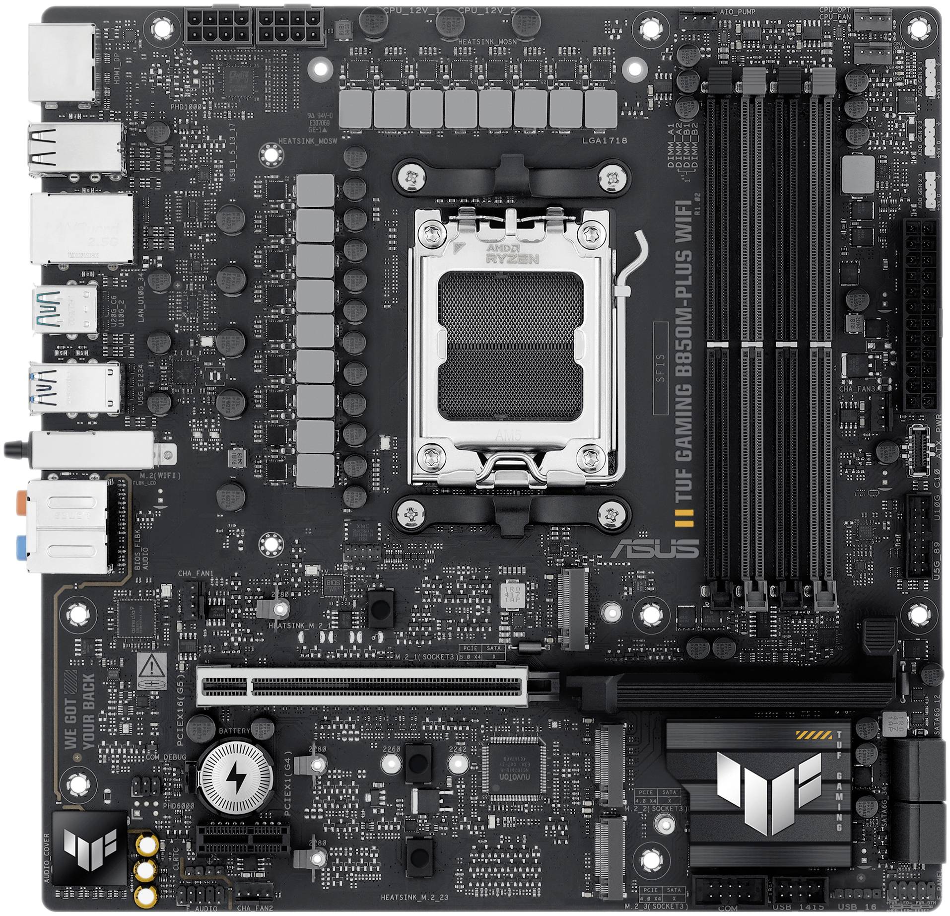 Základní deska počítače s několika porty a sloты pro procesor, RAM a rozšiřující karty. Model: ASUS TUF Gaming B550-Plus Wi-Fi.