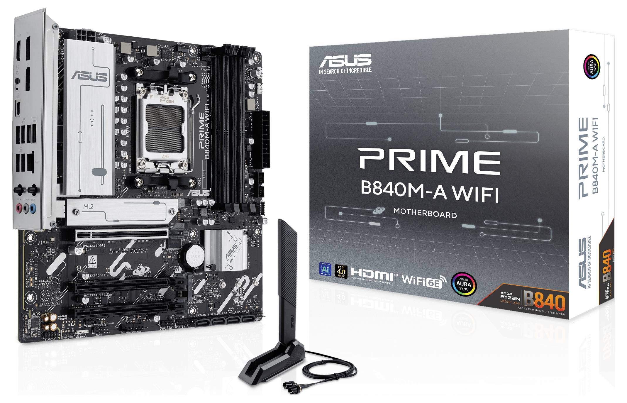 Základní deska Asus Prime B840M-A WIFI včetně obalu a antény. Podporuje HDMI, WiFi6. Vhodná pro počítačové stavební projekty.