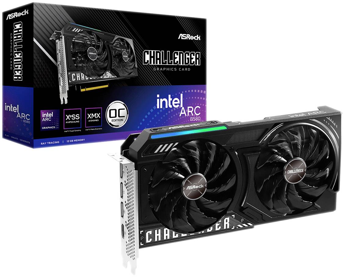 Grafika zobrazuje grafickou kartu ASRock Challenger s 8GB pamětí Intel ARC. Na pozadí je zvýrazněna obchodní balení s detaily produktu.