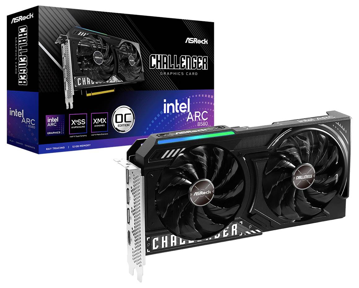 Grafická karta ASRock Challenger včetně obalu. Karta má dva ventilátory a podporuje technologii Intel ARC.