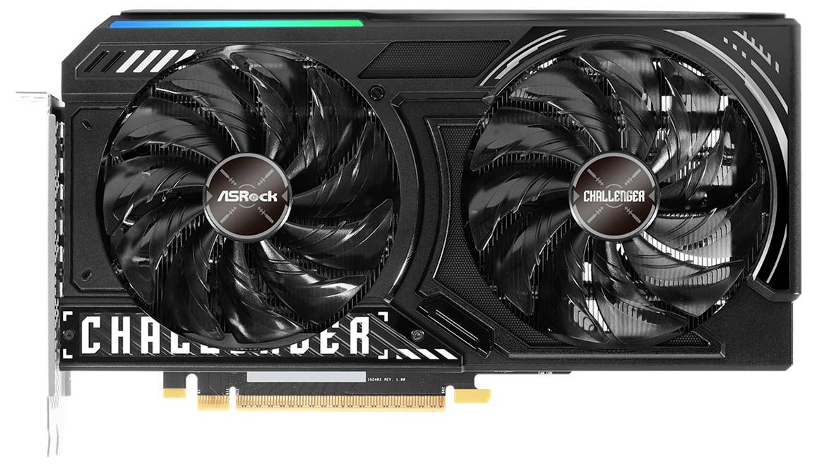 Černá grafická karta se dvěma velkými ventilátory a nápisem 'Challenger' od společnosti ASRock, určená pro počítače.