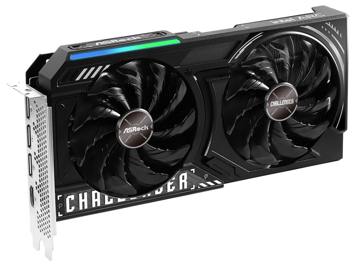 Grafická karta se dvěma ventilátory, značka ASRock, model 'Challenger'. Černá s bílými akcenty a LED osvětlením.