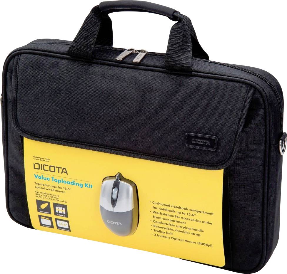 Černá taška na notebook s rukojetí a žlutým štítkem s nápisem 'DICOTA Value Toploading Kit', notebook a myš.