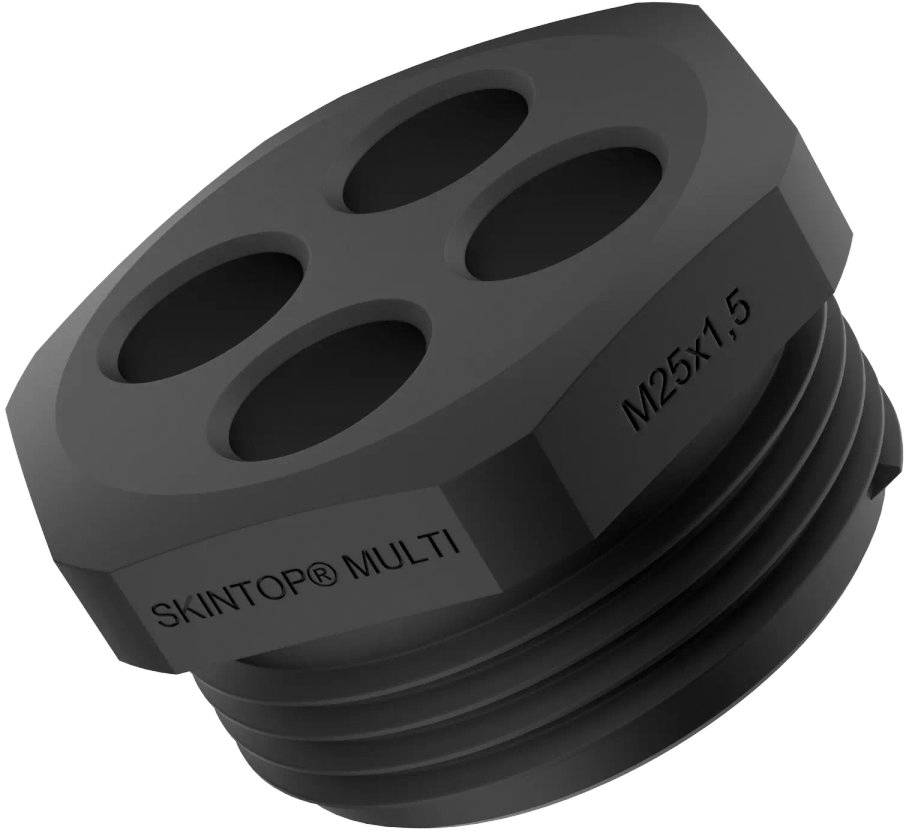 Černá kabelová průchodka se čtyřmi otvory, označená štítkem 'SKINTOP® MULTI' a 'M25x1,5'.