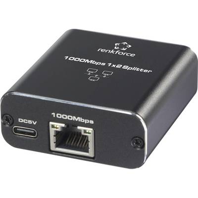Černý síťový rozbočovač značky Renkforce s nápisem '1000Mbps 1x2 Splitter', viditelný ethernetový a napájecí port.
