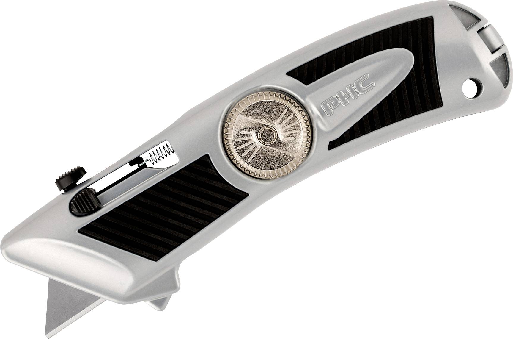 Stříbrný bezpečnostní nůž s ergonomickým designem a černou rukojetí.