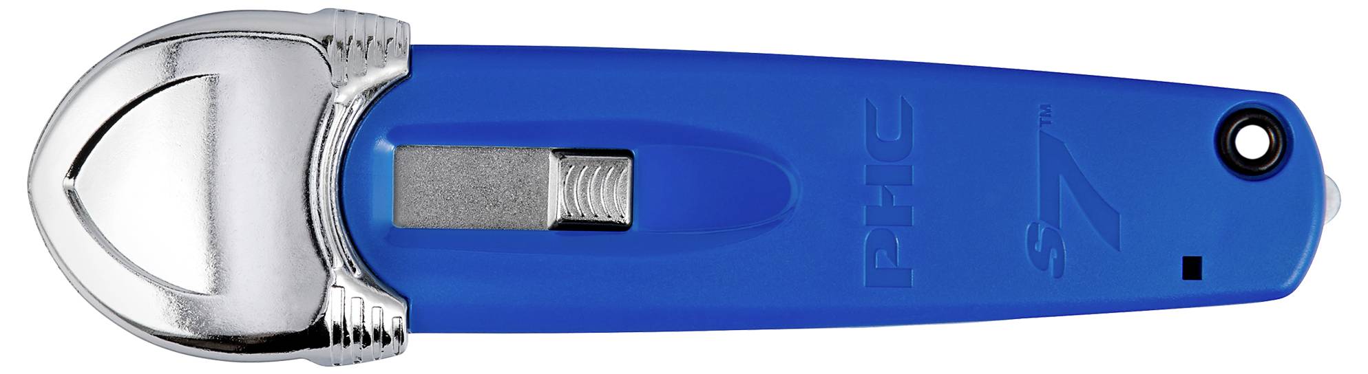 Modrý bezpečnostní řezací nůž s kovovým hrotem a čepelí, vhodný pro přesné řezání.