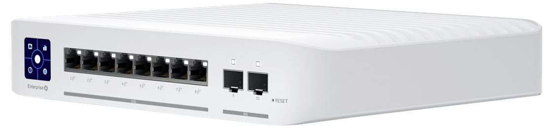 Bílý síťový switch s osmi porty RJ-45, dvěma SFP porty a resetovacím tlačítkem. Na levé straně je umístěno ovládací pole.