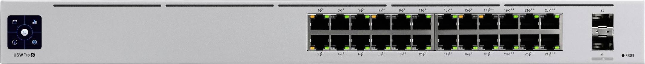 Síťový switch s 18 ethernetovými porty a dvěma dodatečnými porty na pravé straně. Kontrolní světla nahoře indikují stav připojení.