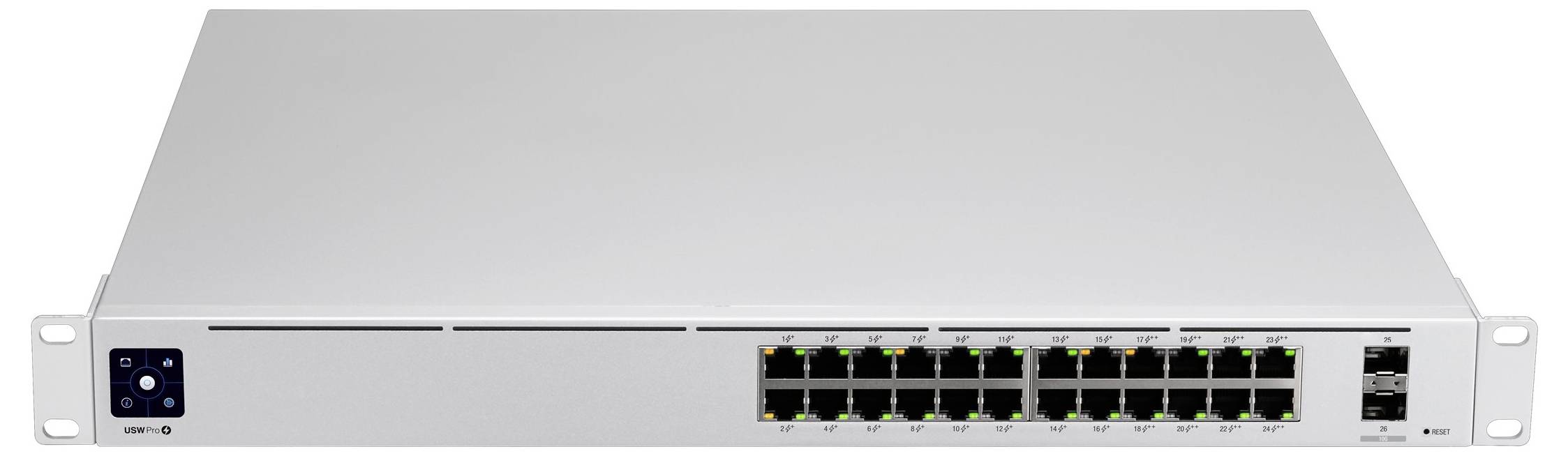 'Síťový switch s 24 ethernetovými porty v bílém šasi, vhodný pro montáž do racku. LED indikátory zobrazují stav připojení.'