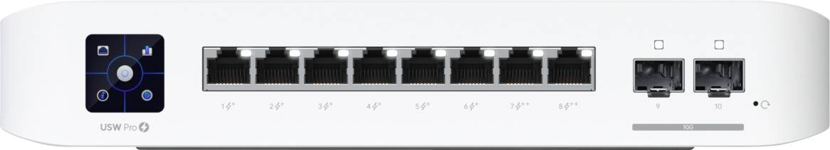 Síťový switch s osmi ethernetovými porty a dvěma dalšími přípojkami. Přední strana ukazuje stavové kontrolky a porty.