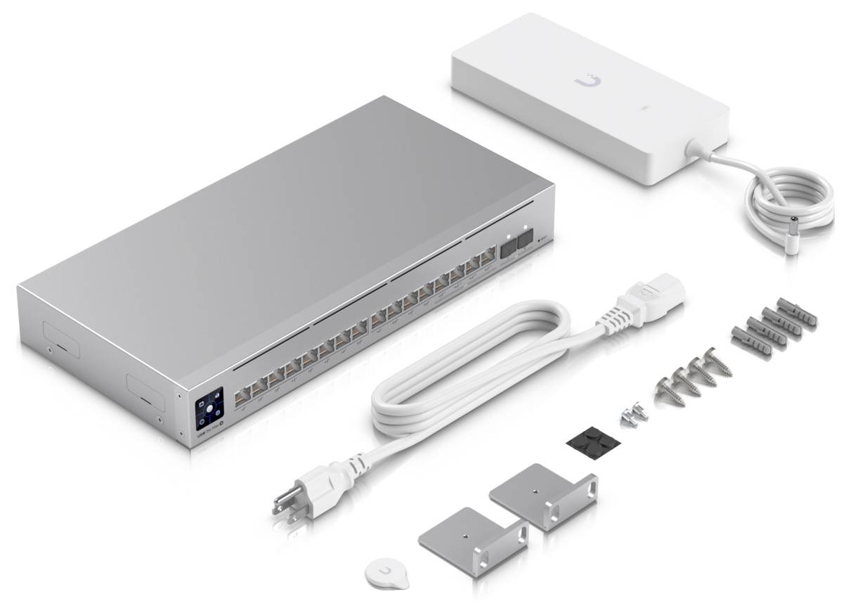 Síťový switch s 16 porty, síťový kabel, napájecí adaptér, montážní materiál a návod jsou zde zobrazeny.
