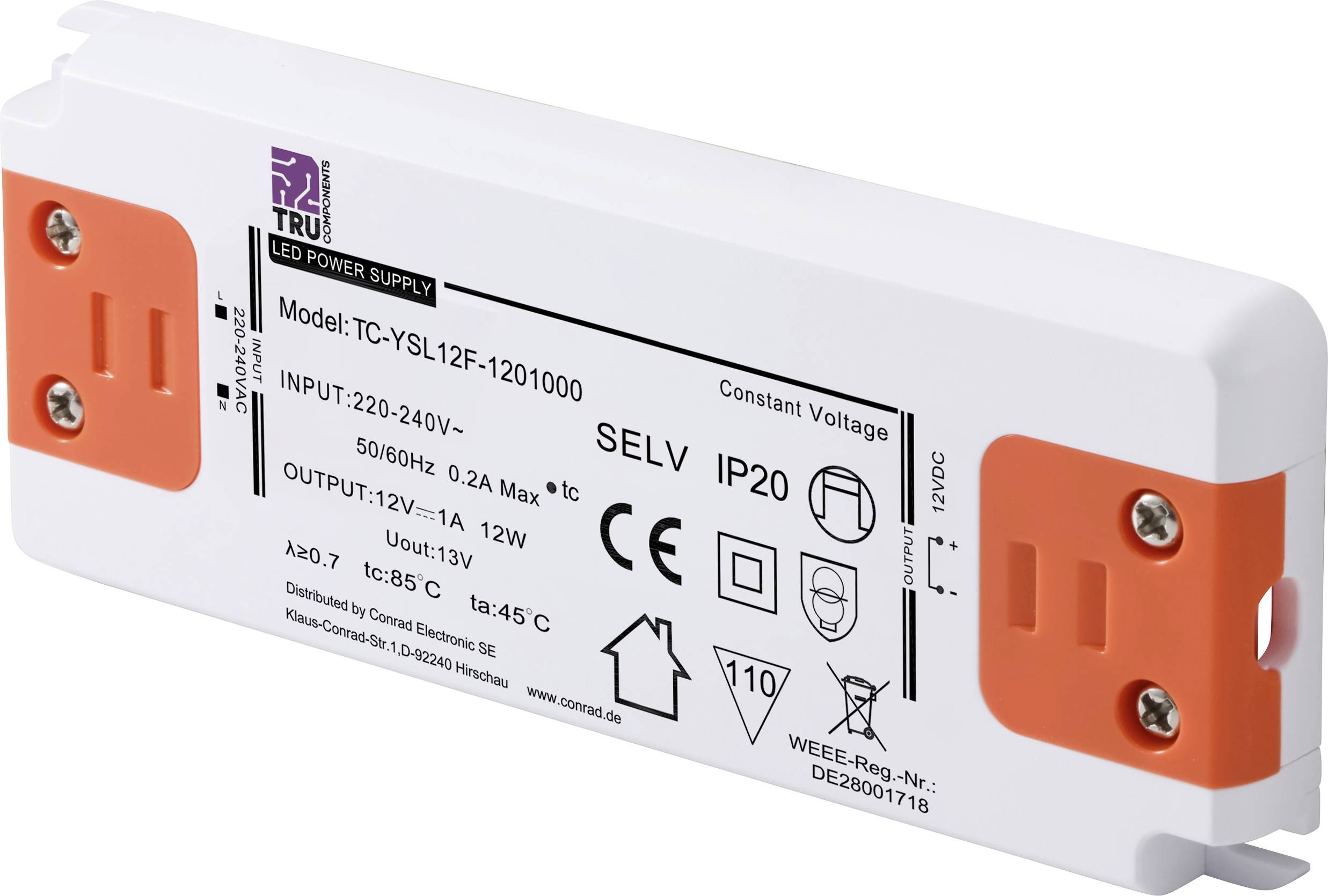 LED napájecí zdroj s modelem TC-YSL12F-1201000, vstup 220-240V, výstup 12V/1A, 12W, vhodný pro vnitřní použití (IP20).