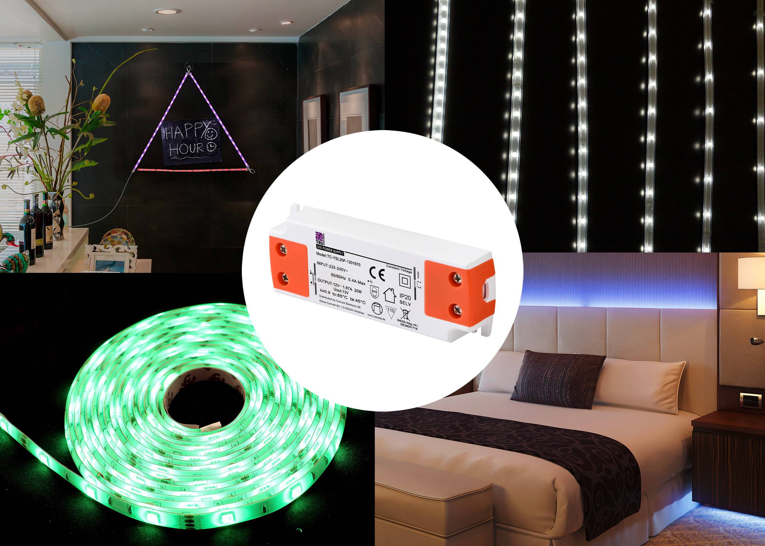 LED osvětlení ukazuje různé aplikace. Vlevo nahoře dekorativní nástěnný trojúhelník, vpravo visící světla, vlevo dole zelený LED pásek, vpravo dole ložnicové osvětlení.