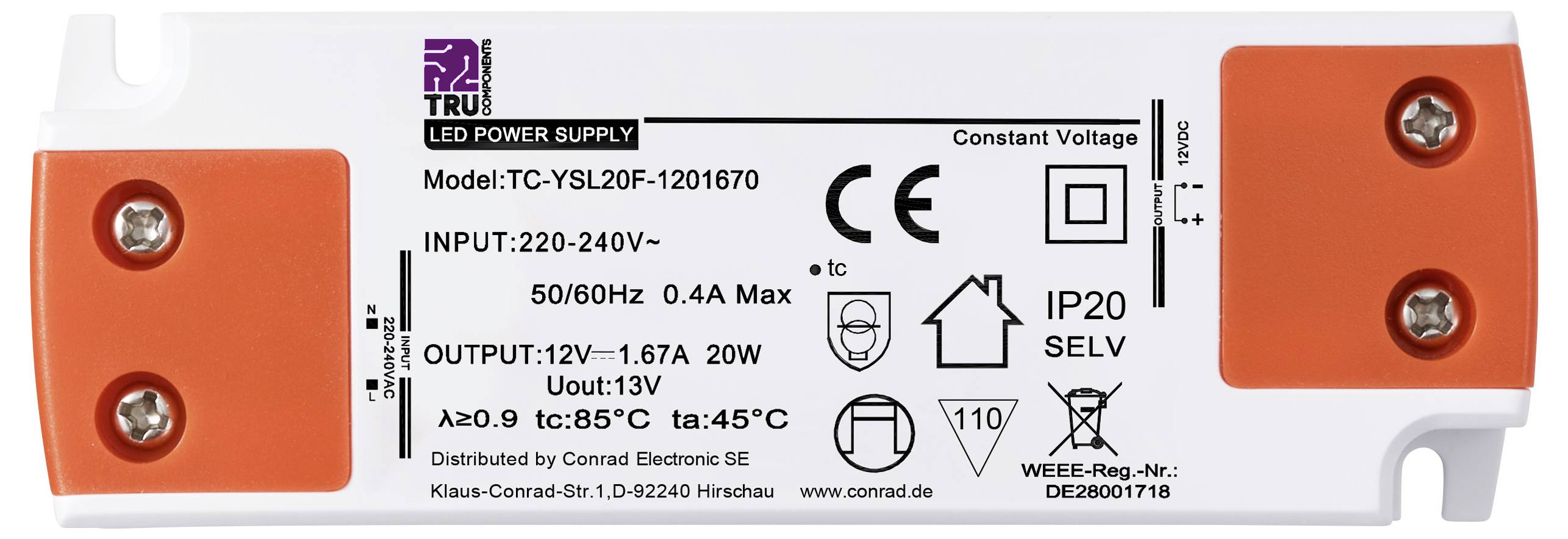 Bílý a oranžový napájecí zdroj s technickými detaily: Model TC-YSL20F-1201670, vstup 220-240V, výstup 12V, 20W.
