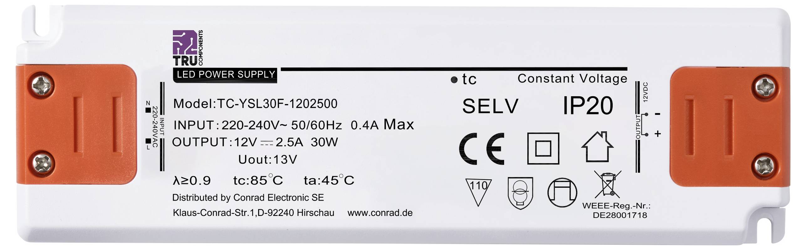 Napájecí zdroj s modelem 'TC-YSL30F-1202500', vstup 220-240V~, výstup 12V⎓. Konstantní napětí, stupeň krytí IP20, výkon 30W.