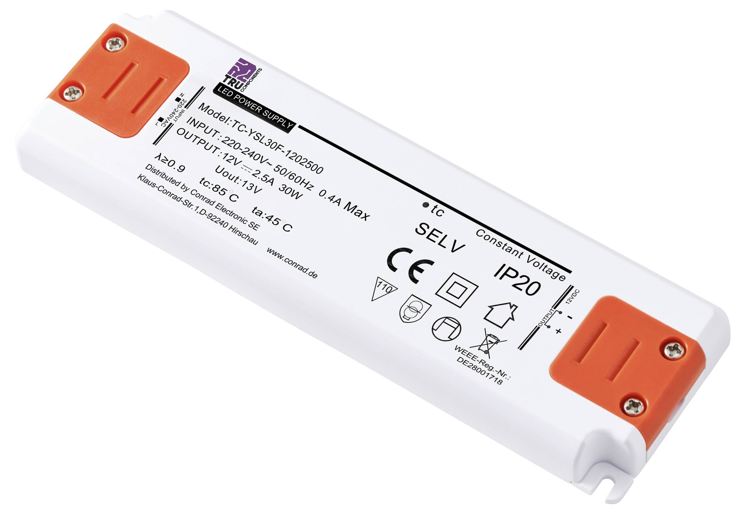 LED driver, model TC-75LUXF-1220500, s technickými specifikacemi: Vstup 220-240V, 50Hz, Výstup 12-50V, max. 0,4A, IP20.