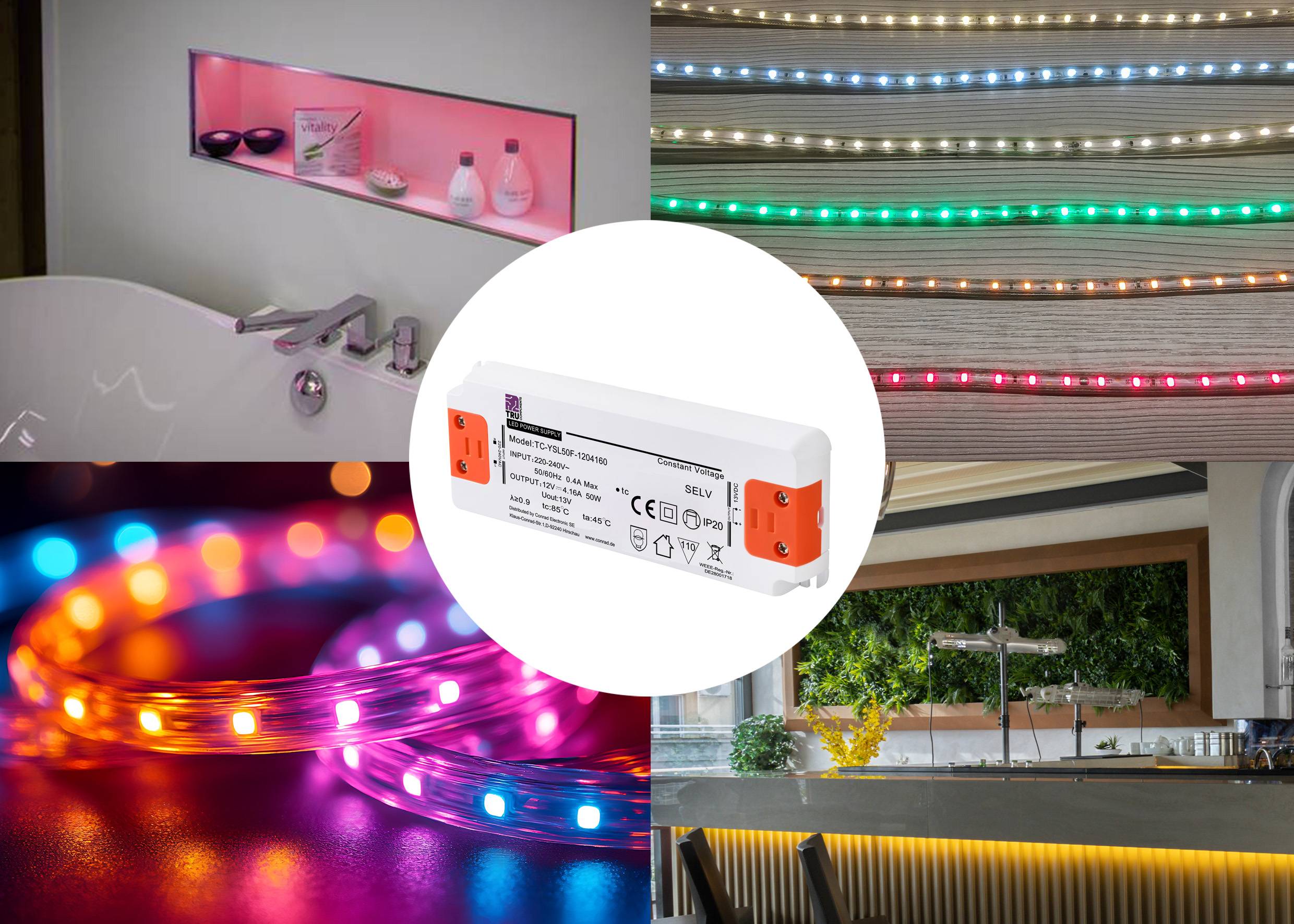 Aplikace LED světelných pásů: koupelna, exteriér a dekorace, spolu se síťovým napájením LED uprostřed.