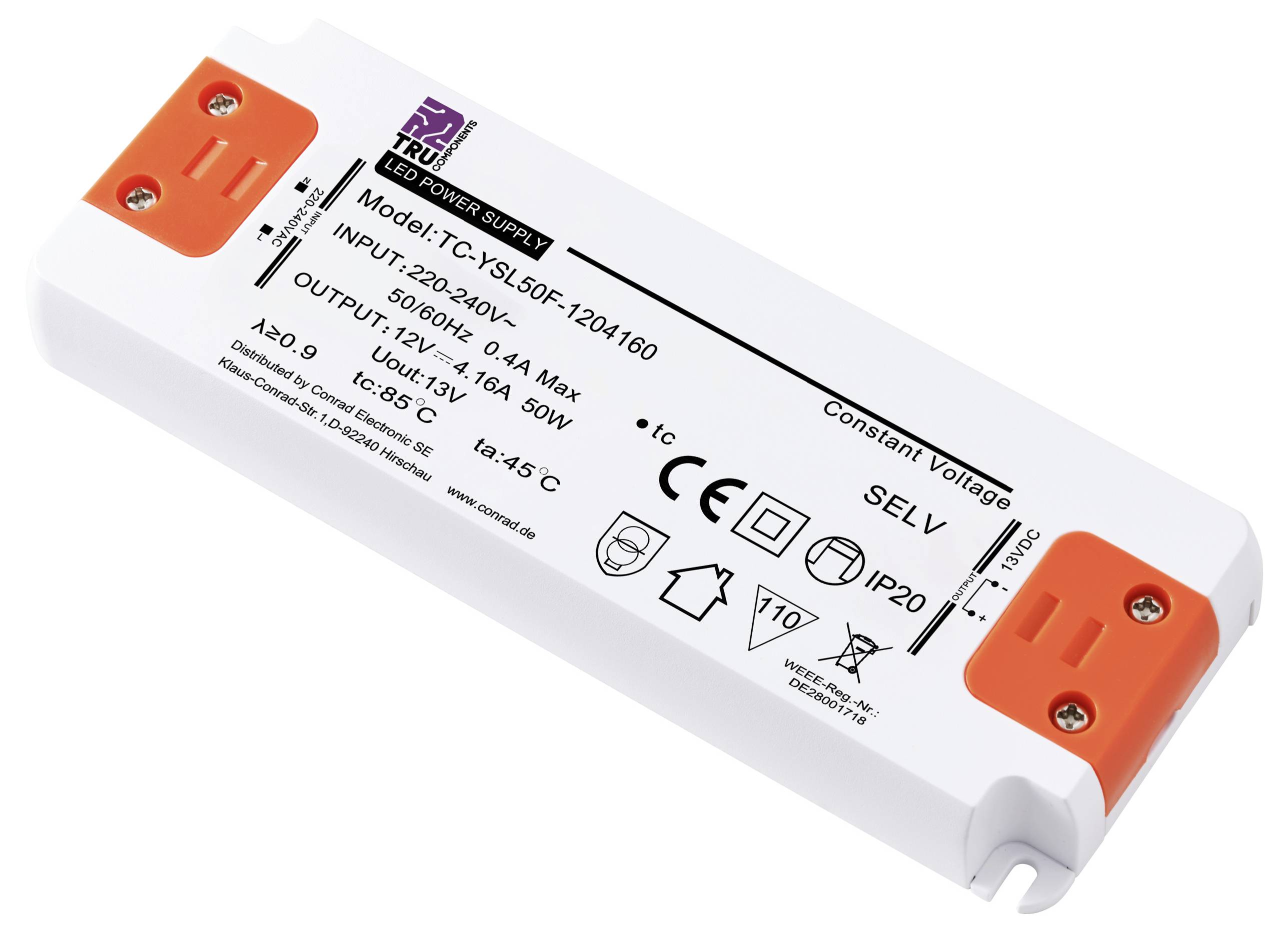 LED napájecí zdroj, model TC-YSL60F-1204160, vstup 220-240V, výstup 12V 5A, příkon 60W, vhodný pro vnitřní prostory (IP20).