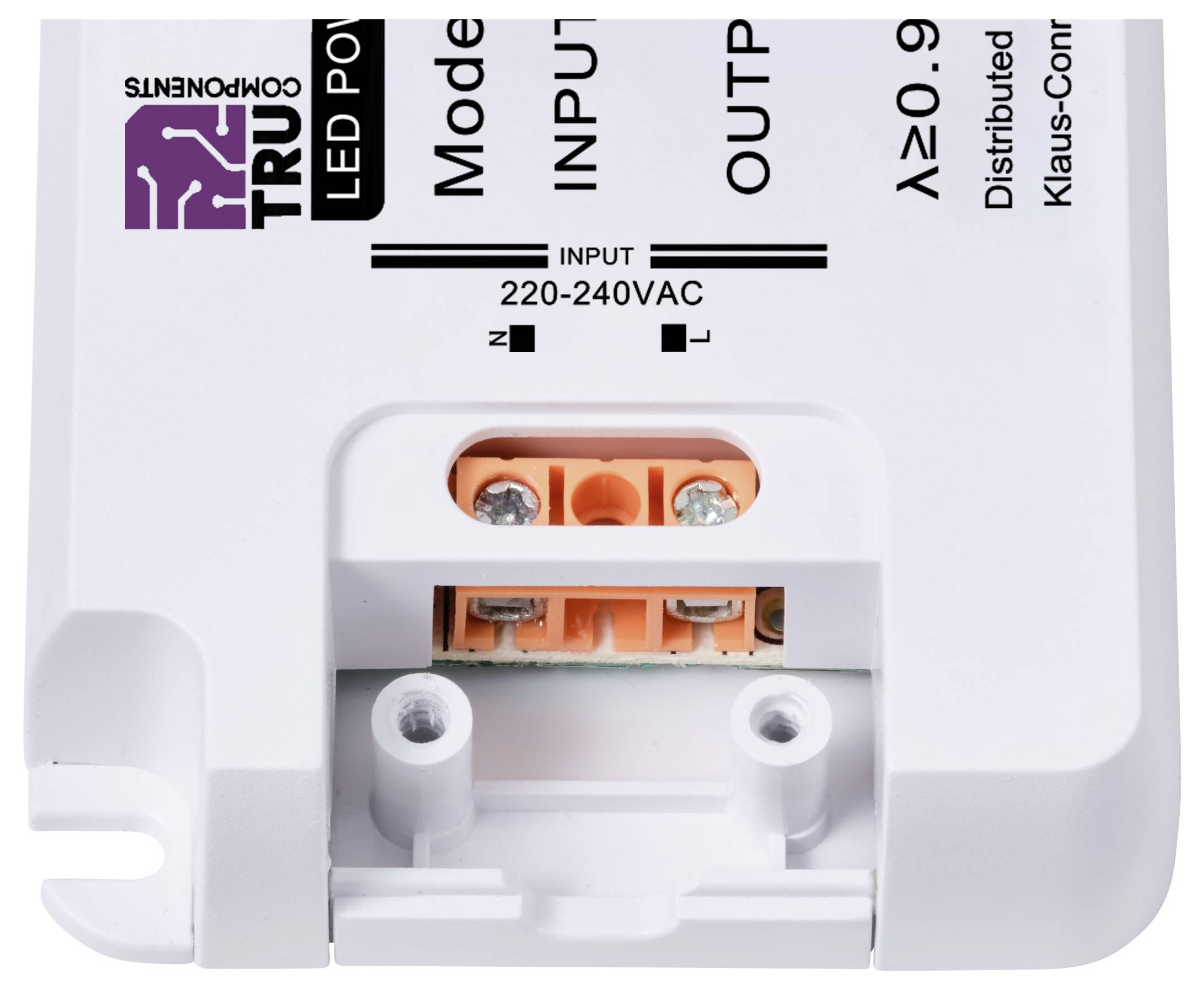 LED budič s modulem, na němž je nápis 'TRU COMPONENTS'. Zobrazuje připojovací svorky pro vstupní zapojení a technické detaily.