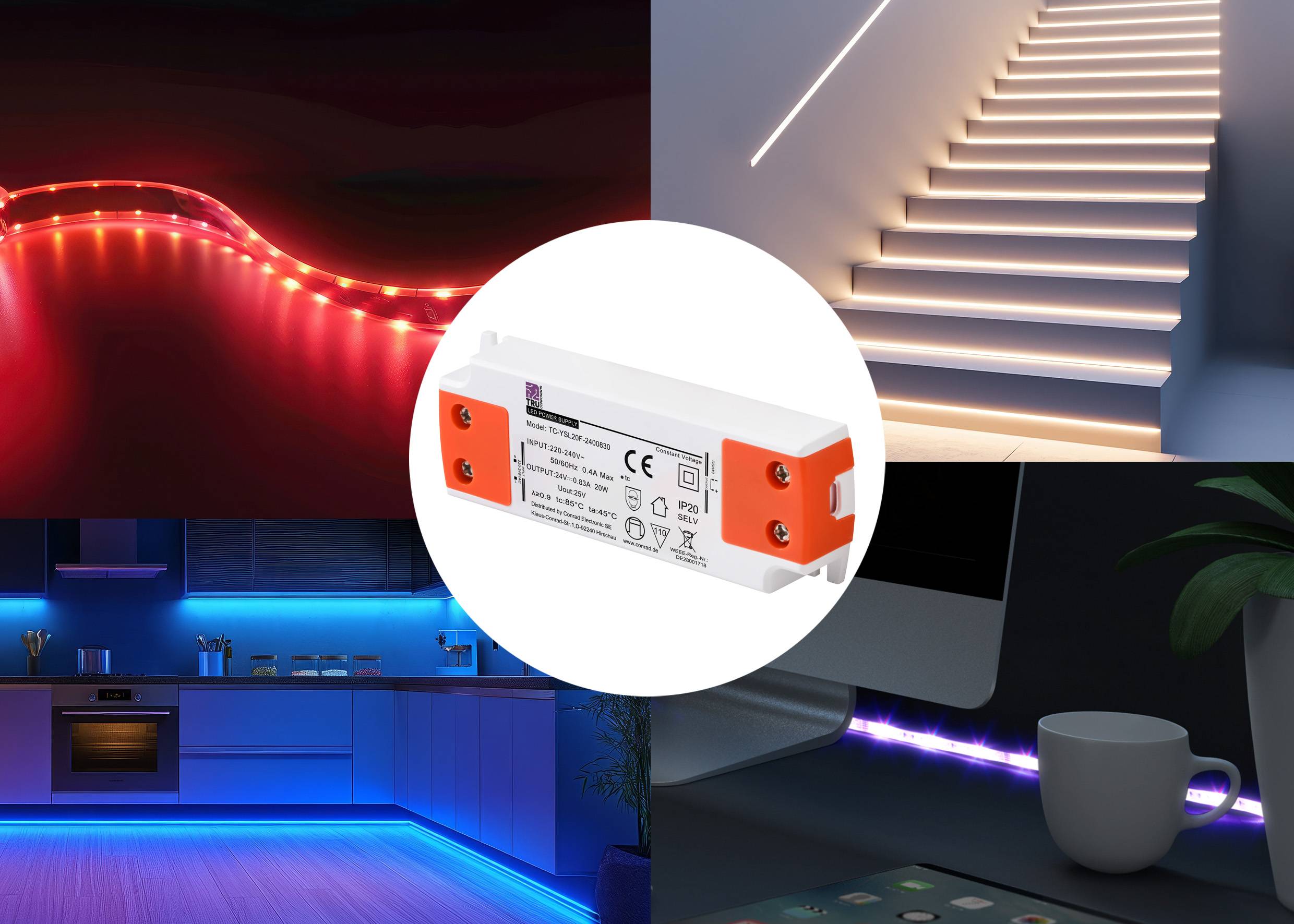 LED osvětlení v akci: schodiště, kuchyně a pracovní stůl s barevnými LED diodami. Ve středu technické zařízení pro ovládání.