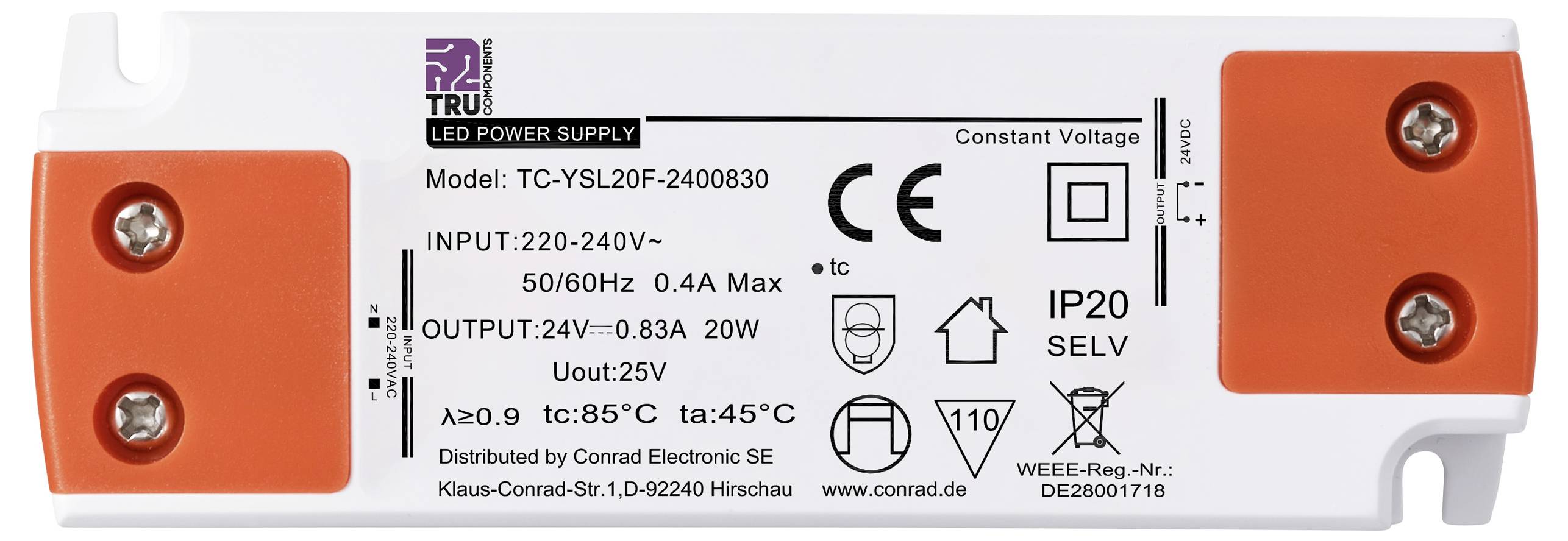 LED napájecí zdroj s modelovým číslem TC-YSL20F-2408030, vstup 220-240V, výstup 24V/0,83A. Certifikace CE, IP20.