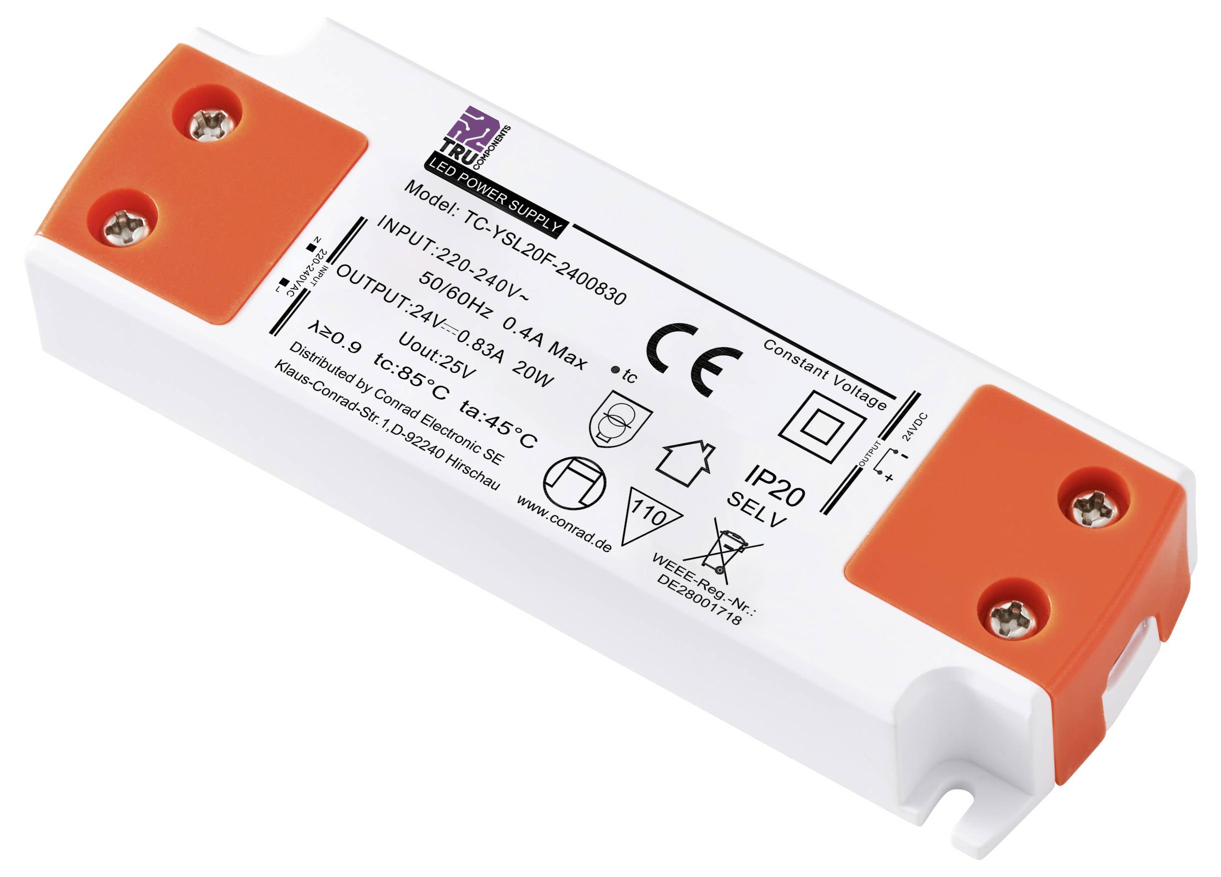 LED budič v krytu s bílými a oranžovými plochami; vytištěné technické specifikace a certifikační symboly.