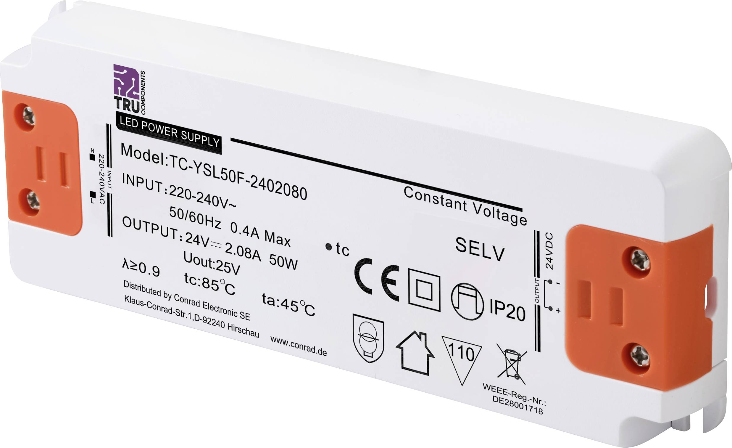 LED napájecí zdroj s konstantním napětím, model TC-YSL50F-2402080. Vstup: 220-240V, výstup: 24V, 2,08A, 50W. Vhodný pro vnitřní použití.