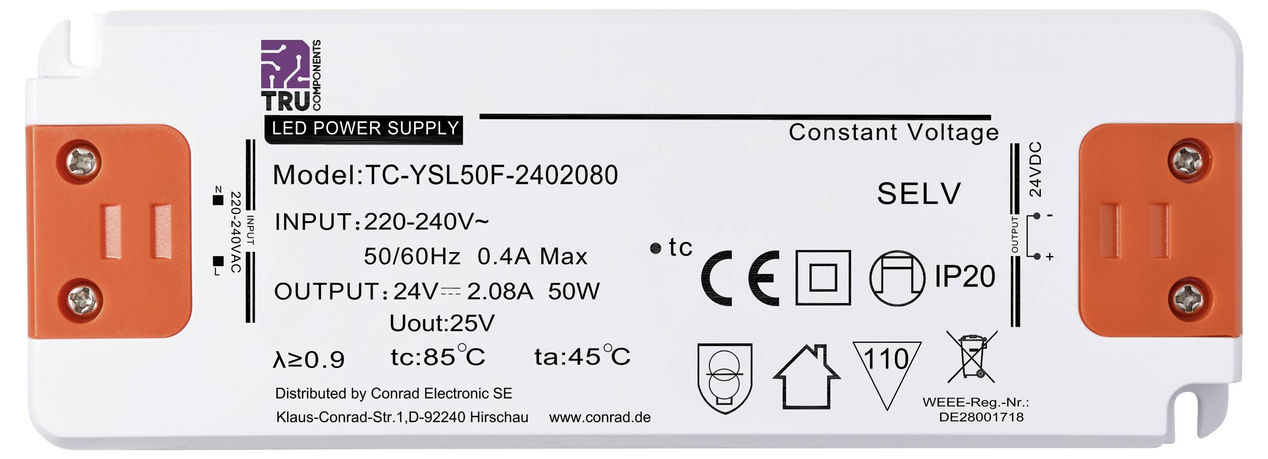 LED napájecí zdroj s modelovým číslem TC-YSL50F-2402080, vstup 220-240V, výstup 24V, 2,08A, 50W, stupeň krytí IP20.