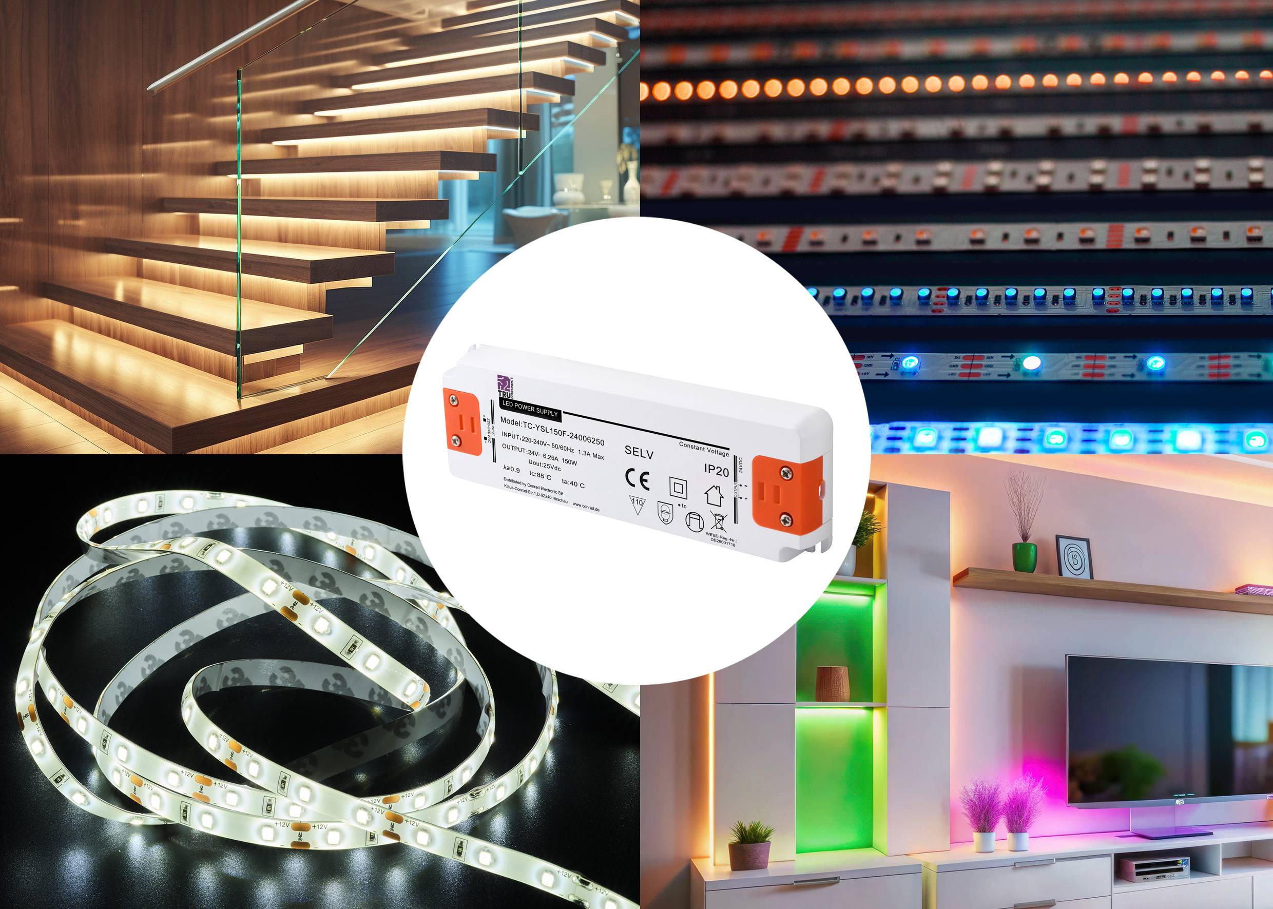 LED světelné pásky a ovladače pro osvětlení schodů, polic a prostorů. Ukázka různých způsobů použití a barevných variant.