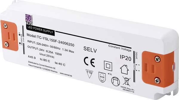 TRU COMPONENTS TC-YSL150F-24006250 napájecí zdroj pro LED  konstantní napětí 150 W 6.25 A 24 V/DC schválení nábytku , přepětí , montáž na nehořlavém povrchu  1 ks