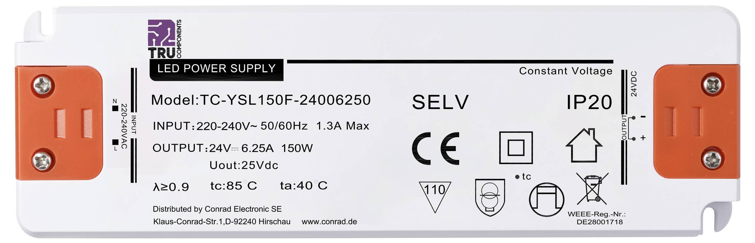 LED napájecí zdroj pro vnitřní použití s konstantním stejnosměrným proudem. Model: TC-YSL150F-24006250, IP20, vstup: 220-240V, výstup: 24V, 6,25A, 150W.
