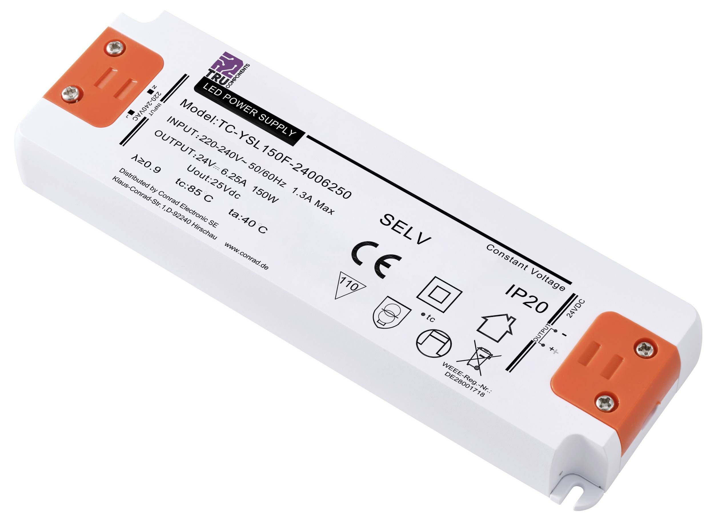 LED napájení, bílé pouzdro, model TC-YSL150F. Technické údaje: Vstup 230V, výstup 24V, max. 150W. Stupeň krytí IP20.