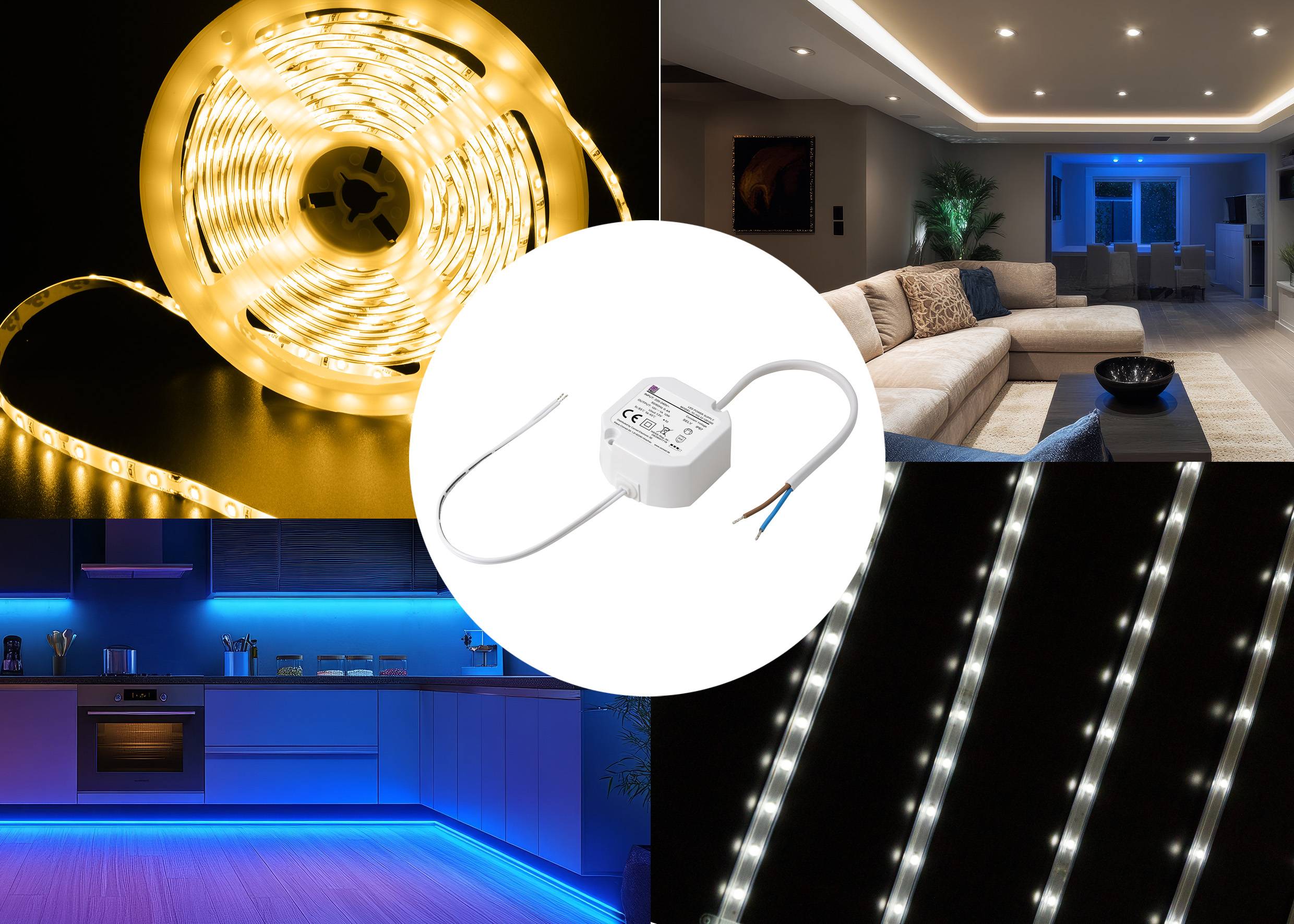 LED osvětlení v různých aplikacích: teplé bílé LED pásky, modře osvětlená kuchyně, moderní obývací pokoj, zastřešený LED svítidly. Centrální vypínač pro ovládání.
