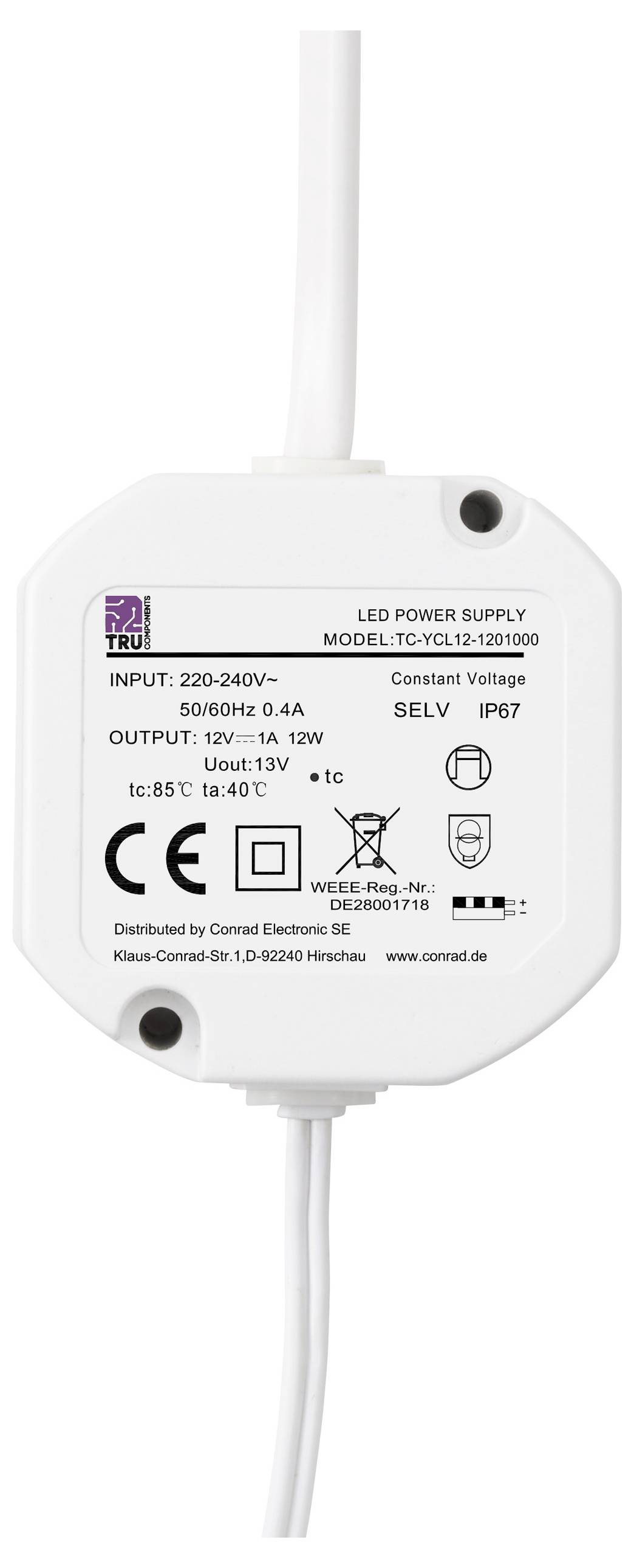 LED napájecí zdroj, model TC-12, vstup 220-240V, výstup 12V, 12W. Stupeň krytí IP67, provozní teplota -40 až 85°C.