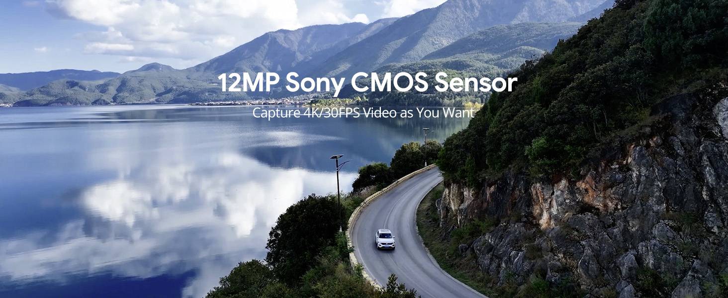 Silnice lemovaná stromy a jezerem. Nápis: '12MP Sony CMOS snímač. Zachyťte video v rozlišení 4K/30FPS podle svých představ'.