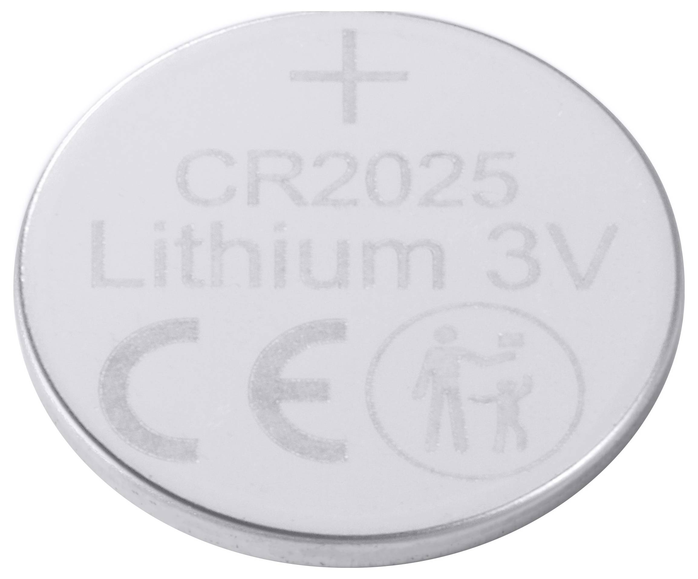 Stříborná knoflíková baterie s nápisem 'CR2025 Lithium 3V' a symboly CE.