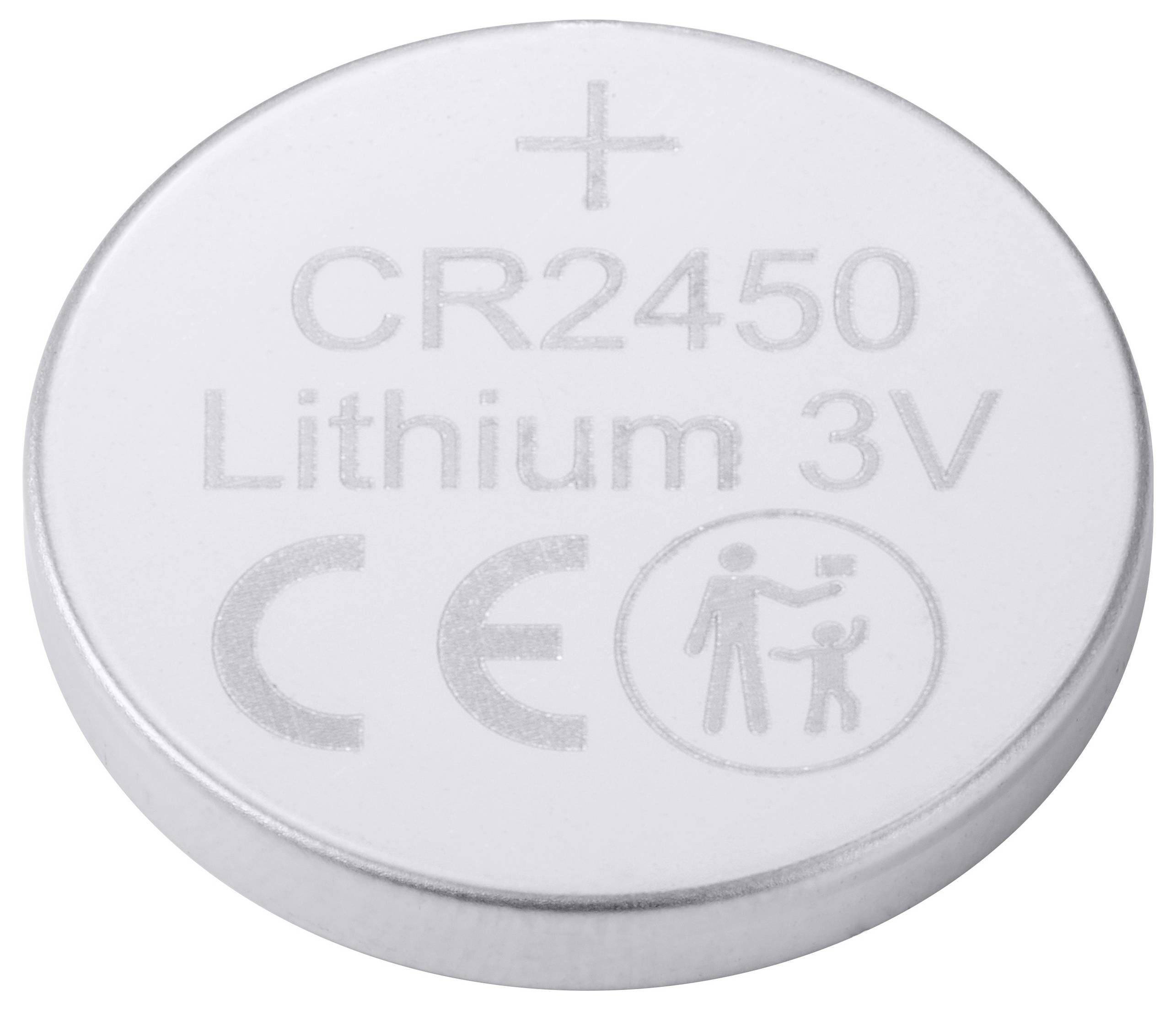 Kulatá lithiová knoflíková baterie s potiskem 'CR2450', napětí '3V'. Pod ní zobrazeny bezpečnostní a CE symbol.