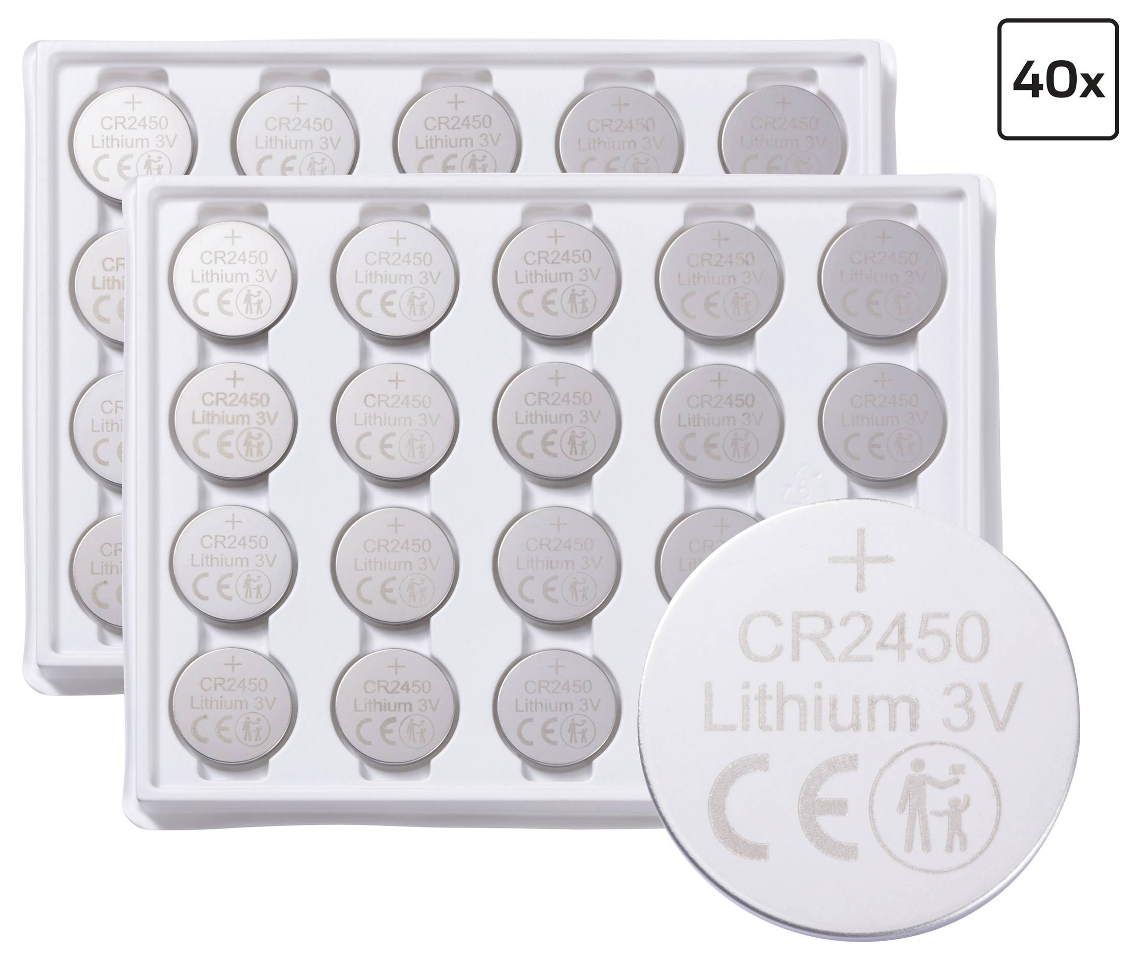 Dva podnosy obsahující 40 lithiových knoflíkových baterií CR2450 3V, s nápisem zobrazujícím 'CR2450 Lithium 3V'.