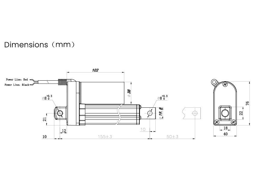 Technický výkres lineárního motoru s rozměry v milimetrech. Šířka: 102 mm, celková délka: 155 mm, délkové značení.