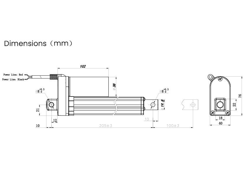 Diagram mechanického aktuátoru s detailními rozměry v milimetrech. Zobrazuje délku, výšku a elektrické připojení.