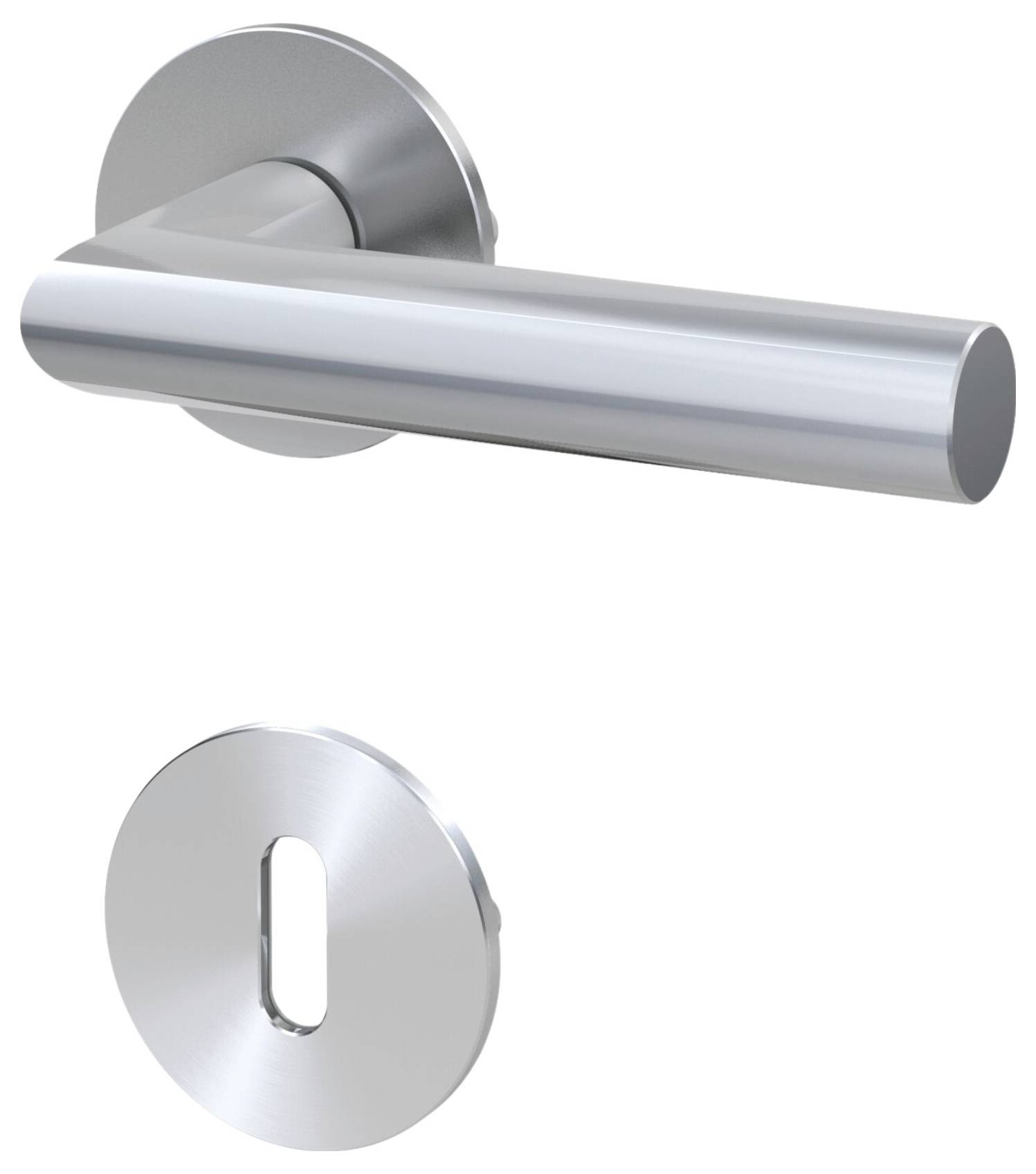 Stříbrný klika s kulatou rozetou a odpovídajícím štítkem na klíčovou dírku, moderní design.