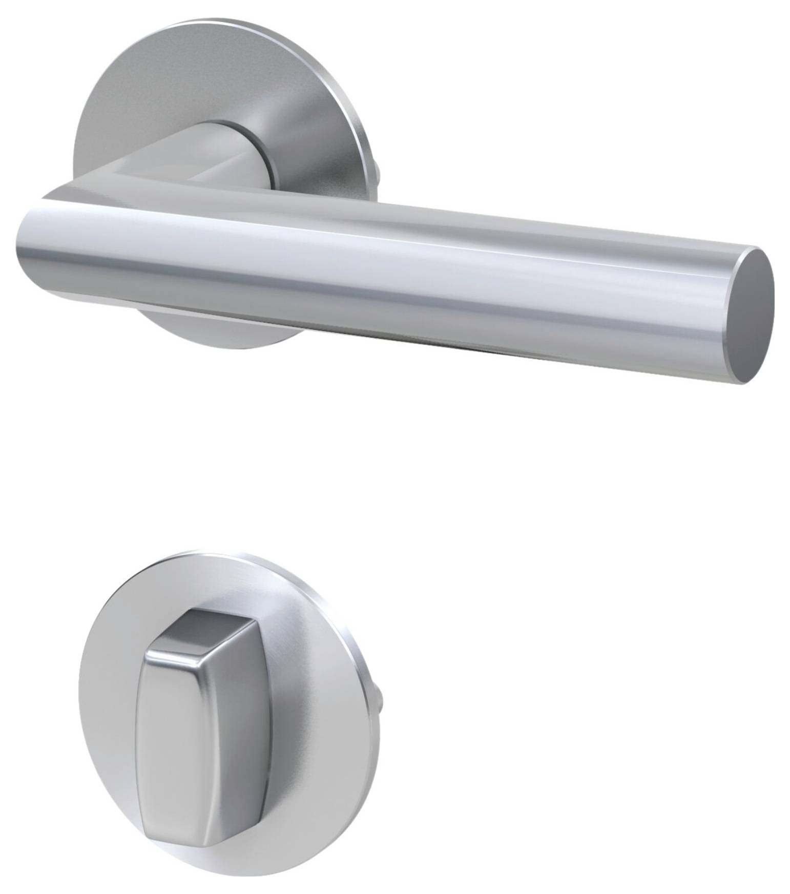 Stříbrně zbarvená klika s kulatou rozetou. Pod ní odpovídající kulaté štítko zámku s otočným knoflíkem. Elegantní a moderní.