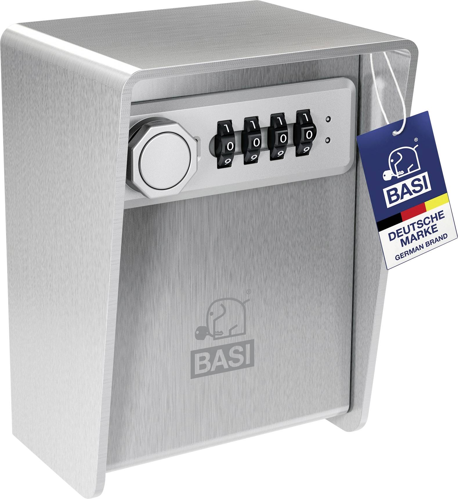 Kovový trezor se čtyřmístným kombinačním zámkem na přední straně, značený logem „BASI" a štítkem s nápisem „Deutsche Marke German Brand".