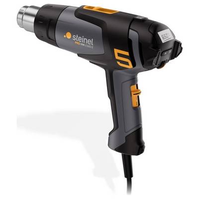 Černý horkovzdušný ventilátor s oranžovými akcenty, značka 'Steinel', model HG 2320 E, vhodný pro smršťování plastů a odstraňování laku.