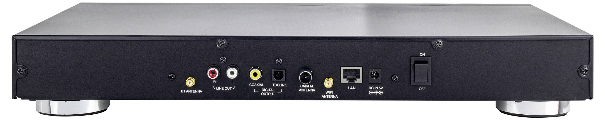 Obrázek ukazuje zadní panel audio zařízení s různými vstupními a výstupními porty, včetně koaxiálního, optického, LAN a vypínače napájení.