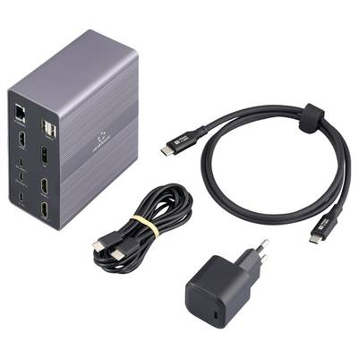 Technická sada s USB hubem, nabíjecím kabelem a napájecím adaptérem. USB hub ukazuje porty pro HDMI, USB a Ethernet.
