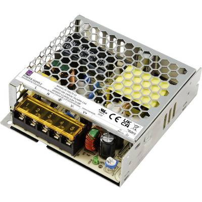 Kovový síťový zdroj s krytem, zobrazující vnitřní elektronické komponenty. Vhodný pro průmyslové aplikace s bezpečnostními a shodovými certifikacemi.
